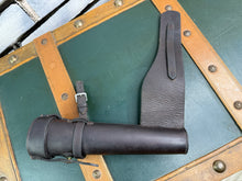 Load image into Gallery viewer, Saddle Flask &amp; Case - Pinder Bros - Vintage Pewter Hunting Hip Flask -English Leather - 10oz/12”