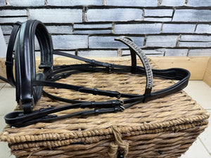 S/H Crystal V Brow Padded Double Bridle - Black - Full