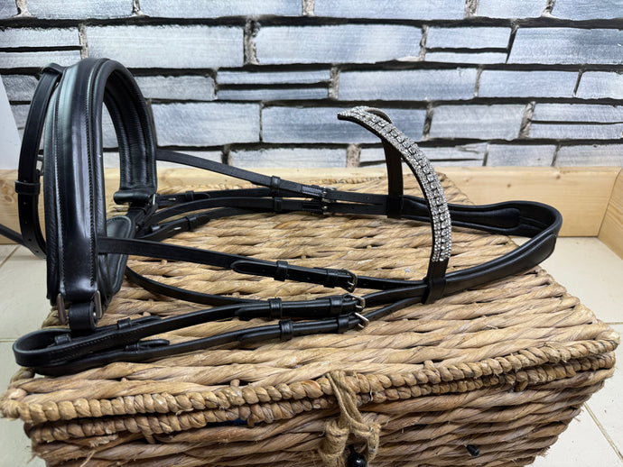 S/H Crystal V Brow Padded Double Bridle - Black - Full