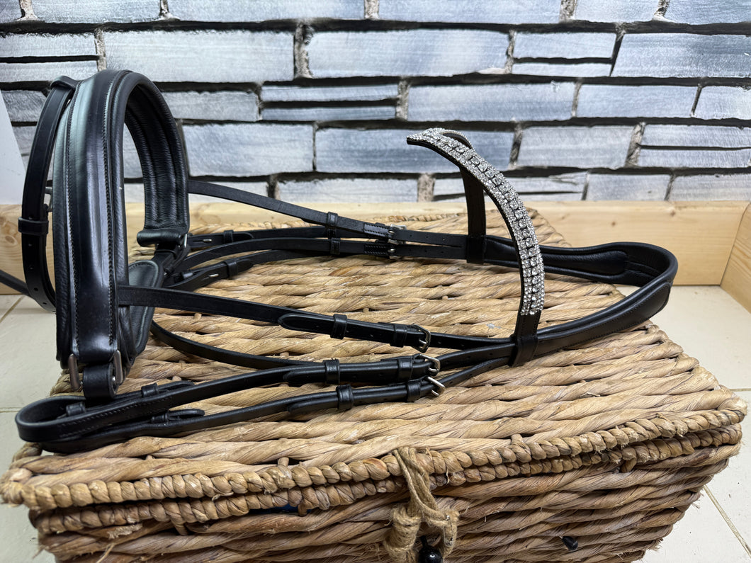 S/H Crystal V Brow Padded Double Bridle - Black - Full