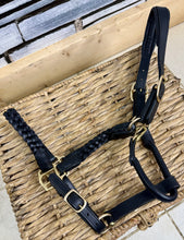 Load image into Gallery viewer, Plaited Leather Headcollar &amp; Lead Set -Pony to Full Size- Black/Brass