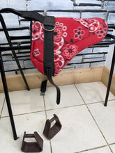 Load image into Gallery viewer, Tiny Fleece Shetland/Pony Pad Saddle -Complete with Girth &amp; Stirrups- Red Print