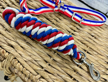 Load image into Gallery viewer, Adjustable Headcollar &amp; Lead Rope Set - Shetland up to Full Size - Red/White/Blue