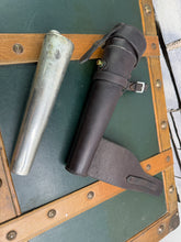 Load image into Gallery viewer, Saddle Flask &amp; Case - Pinder Bros - Vintage Pewter Hunting Hip Flask -English Leather - 10oz/12”