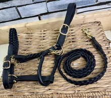 Load image into Gallery viewer, Plaited Leather Headcollar &amp; Lead Set -Pony to Full Size- Black/Brass