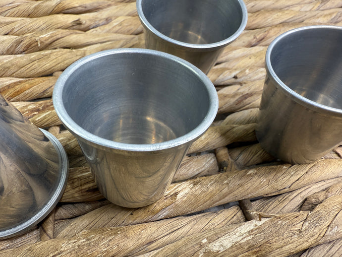 S/H 4 x English Stirrup Cups/Shot Glasses in Brown Leather Case