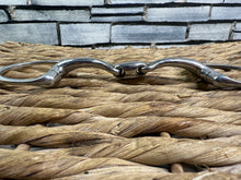 Load image into Gallery viewer, S/H 5 1/2” Curved Mouth Lozenge Flat Ring Eggbutt Snaffle Bit