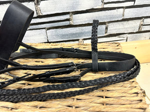 S/H Extra Wide 2” Noseband, Plaited Brow & Reins Bridle-Cob