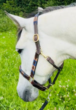 Load image into Gallery viewer, Leather Padded Polo Headcollar -Burgundy/White/Navy/Brown -Embroidered Design- Pony/Cob/Full - Black/Brown