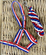 Load image into Gallery viewer, Adjustable Headcollar &amp; Lead Rope Set - Shetland up to Full Size - Red/White/Blue