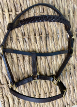 Load image into Gallery viewer, Shetland Leather Inhand Headcollar -Plaited Browband- Brown/Brass Fittings