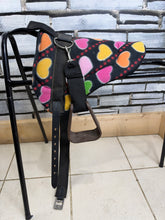 Load image into Gallery viewer, Tiny Fleece Shetland/Pony Pad Saddle -Complete with Girth &amp; Stirrups- Love Hearts Multi