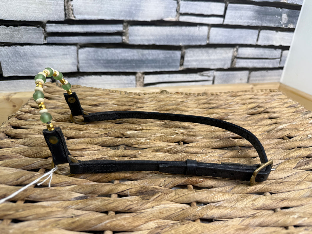 Miniture/Arab In Hand Rolled Leather Show Halter/Bridle- Green Sea Beads