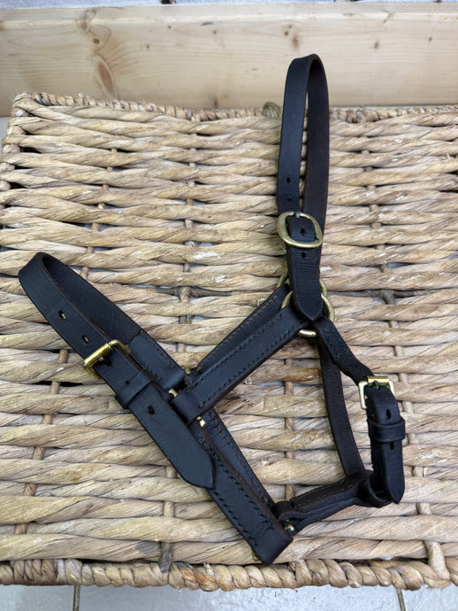 S/H English Dark Brown & Brass Leather Headcollar - Shetland