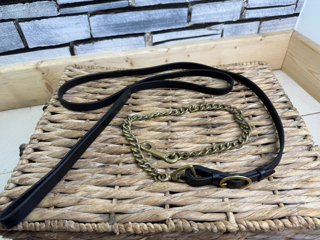 S/H English Heavy Brass Stallion Chain with Leather In Hand Lead