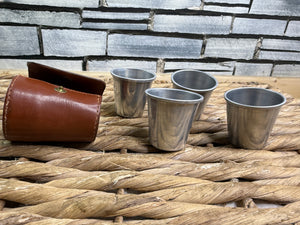 S/H 4 x English Stirrup Cups/Shot Glasses in Brown Leather Case