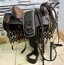 Load image into Gallery viewer, 15” Leather Western Set-Saddle, Headstall, Nathe Gag, Cinch