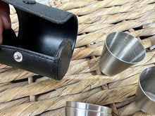 Load image into Gallery viewer, S/H 4 x Hip Flask White Metal Stirrup Cups in Leather Case