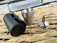 Load image into Gallery viewer, S/H 4 x Hip Flask White Metal Stirrup Cups in Leather Case