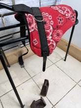 Load image into Gallery viewer, Tiny Fleece Shetland/Pony Pad Saddle -Complete with Girth &amp; Stirrups- Red Print