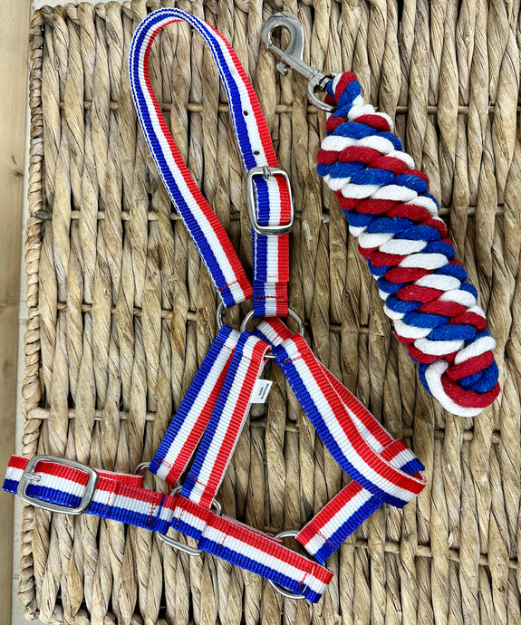 Adjustable Headcollar & Lead Rope Set - Shetland up to Full Size - Red/White/Blue
