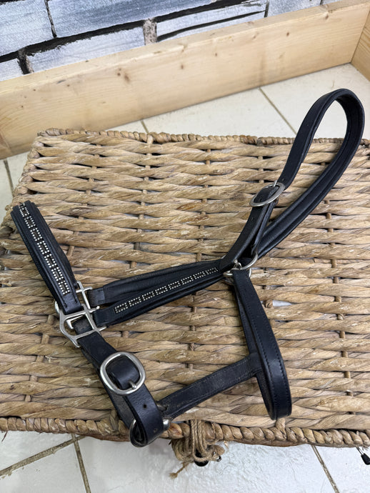 S/H Black Padded Leather Diamonte Headcollar - Cob