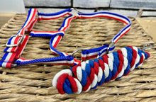 Load image into Gallery viewer, Adjustable Headcollar &amp; Lead Rope Set - Shetland up to Full Size - Red/White/Blue