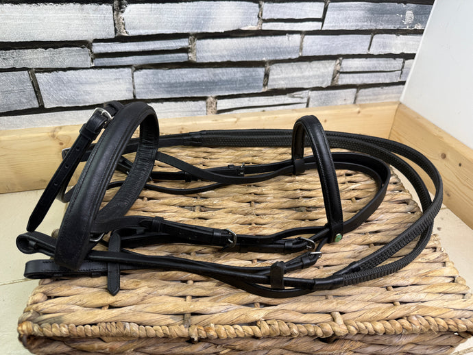 S/H Padded Flash Bridle & Reins -Black- Cob