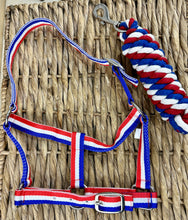 Load image into Gallery viewer, Adjustable Headcollar &amp; Lead Rope Set - Shetland up to Full Size - Red/White/Blue