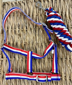Adjustable Headcollar & Lead Rope Set - Shetland up to Full Size - Red/White/Blue