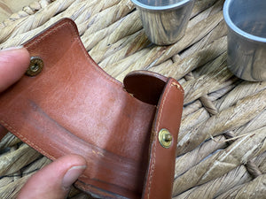 S/H 4 x English Stirrup Cups/Shot Glasses in Brown Leather Case