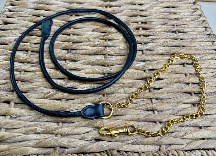 Rolled Leather In-Hand Show Lead with Brass Chain - Black