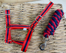 Load image into Gallery viewer, Shetland/Small Pony Headcollar &amp; Lead Rope Set - Red/Navy