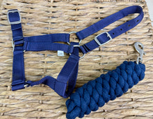 Load image into Gallery viewer, Shetland/Small Pony Headcollar &amp; Lead Rope Set - Red/Navy