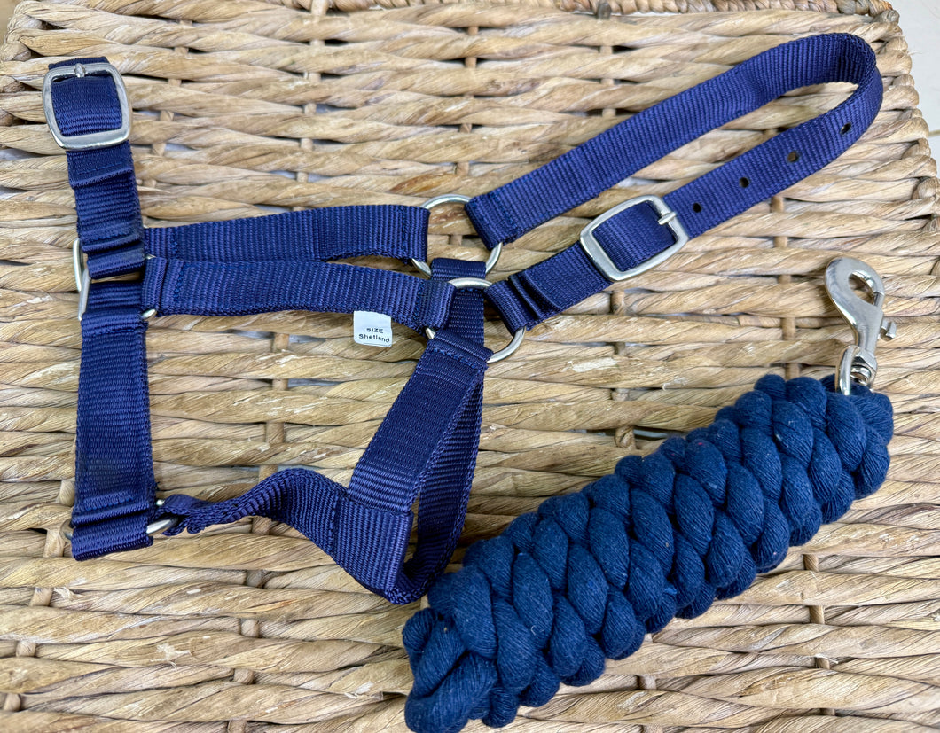 Shetland/Small Pony Headcollar & Lead Rope Set - Red/Navy