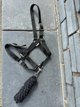 Load image into Gallery viewer, Adjustable Headcollar &amp; Lead Rope Set - Shetland up to Full Size - Black