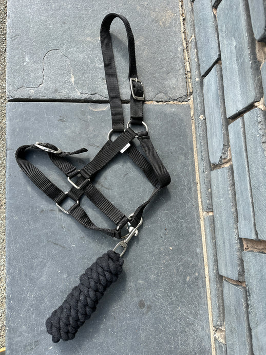 Adjustable Headcollar & Lead Rope Set - Shetland up to Full Size - Black