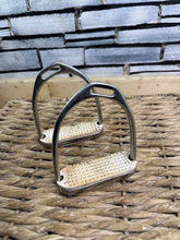 Load image into Gallery viewer, 4 3/4” Offset Dressage Stirrup Irons - White Treads - Help Heels Down &amp; Leg Position