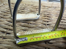 Load image into Gallery viewer, 4 3/4” Offset Dressage Stirrup Irons - White Treads - Help Heels Down &amp; Leg Position